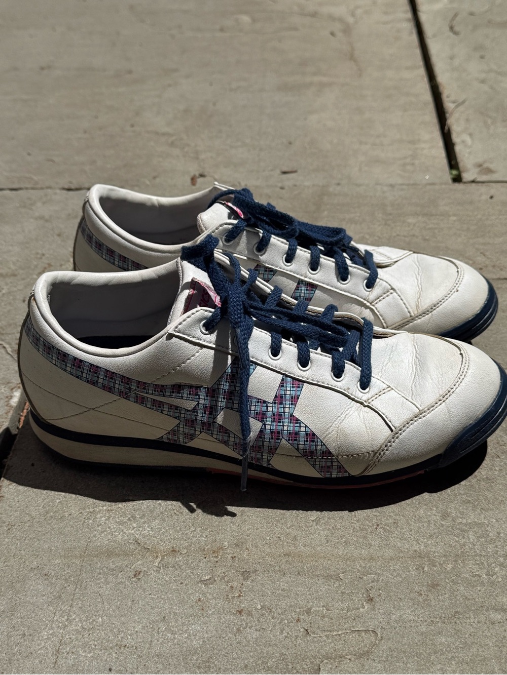 Y2K ASICS sneakers with blue plaid details